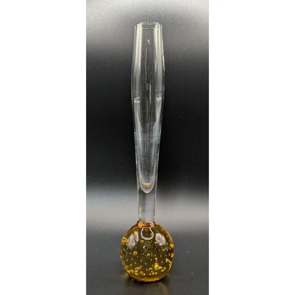 MCM Hand Blown Glass Bud Vase Amber Base With Controlled Bubbles Unsigned 8 1/4